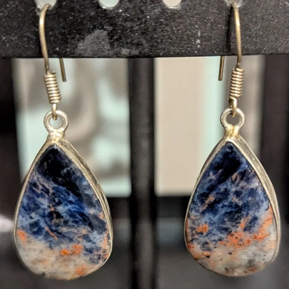 Sterling Silver 925 Dark Blue Orange Natural Sodalite Stone Earrings Fish Hook - Picture 2 of 5
